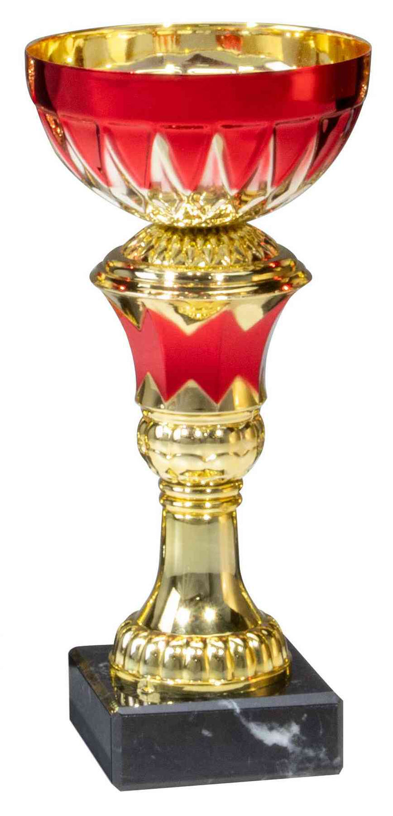 Ein rot-goldener Pokal Worms 3-er Pokalserie 180 mm - 210 mm mit schwarzem Marmorsockel und exklusivem Design.