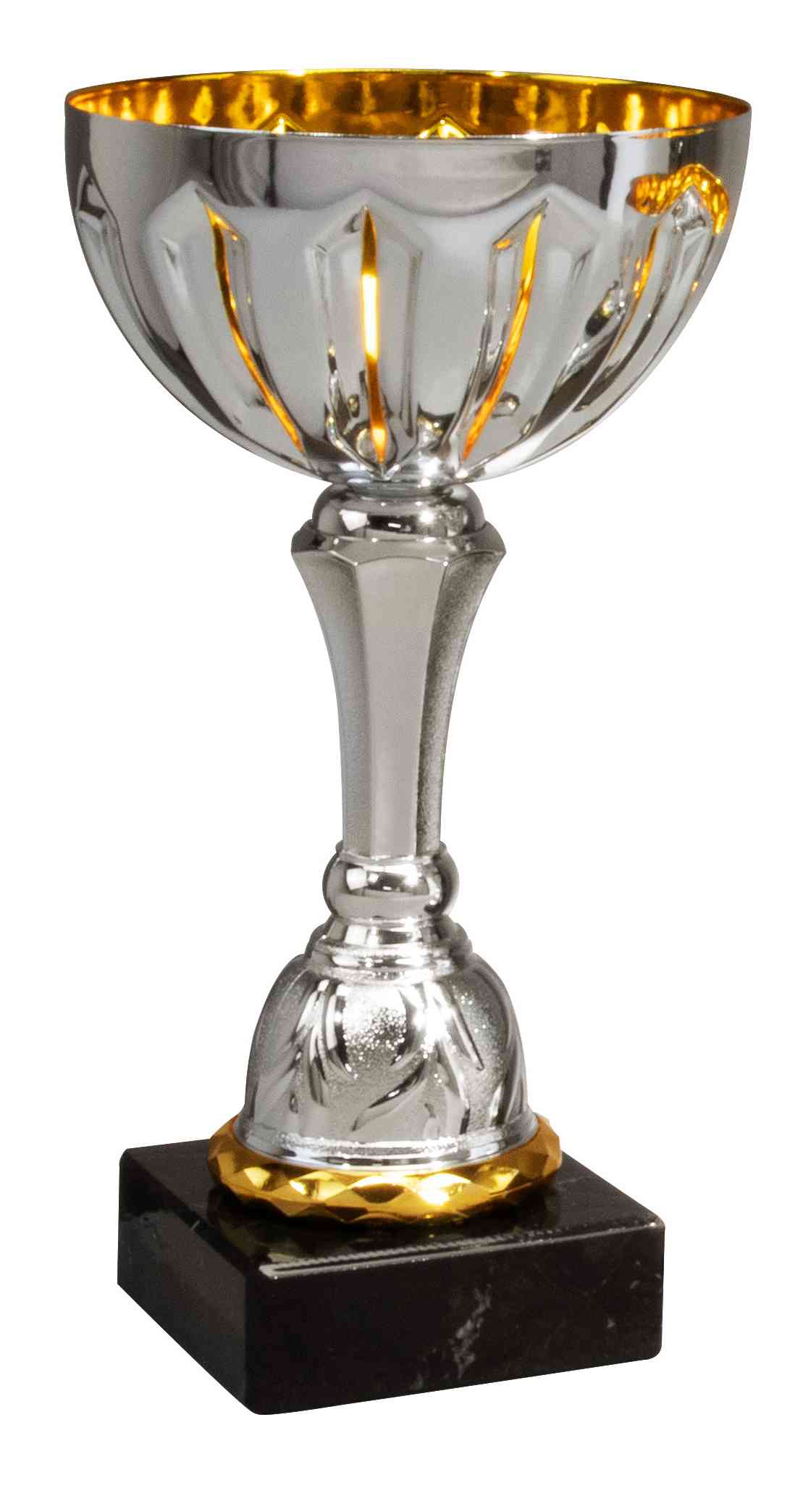 POMEKI Silberner und goldener Pokal aus der Pokale Ratingen 3- er Pokalserie 197 mm - 257 mm PK740440-3 mit exklusivem Design auf einem schwarzen Sockel.