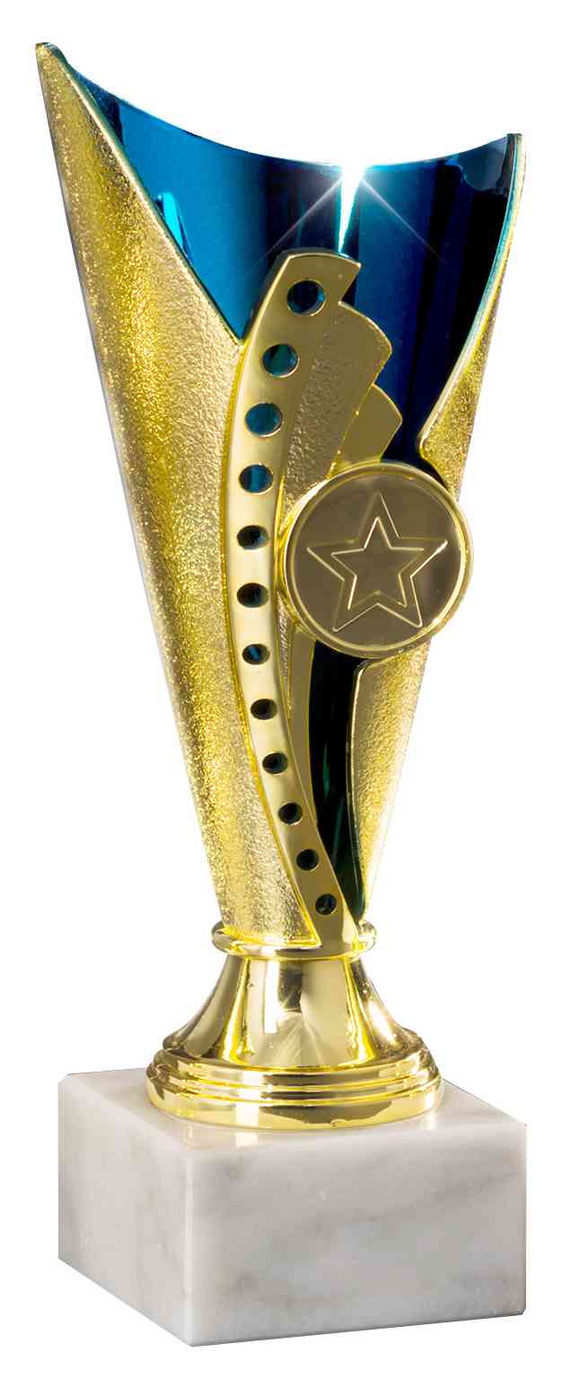 Moderner POMEKI Pokal mit blau-goldenem Design auf weißem Sockel.