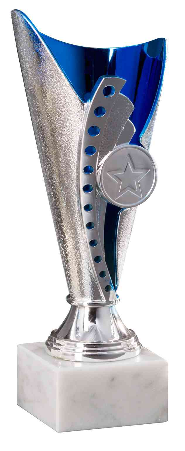 Ein moderner Pokal der Pokale Langenhagen 3-er Pokalserie 170 mm - 210 mm PK754550-3-E25 in Silber und Blau mit einem Sternenemblem auf einem Marmorsockel, der ein exklusives Design von POMEKI aufweist.