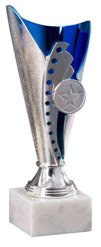 Thumbnail for Ein moderner Pokal der Pokale Langenhagen 3-er Pokalserie 170 mm - 210 mm PK754550-3-E25 in Silber und Blau mit einem Sternenemblem auf einem Marmorsockel, der ein exklusives Design von POMEKI aufweist.