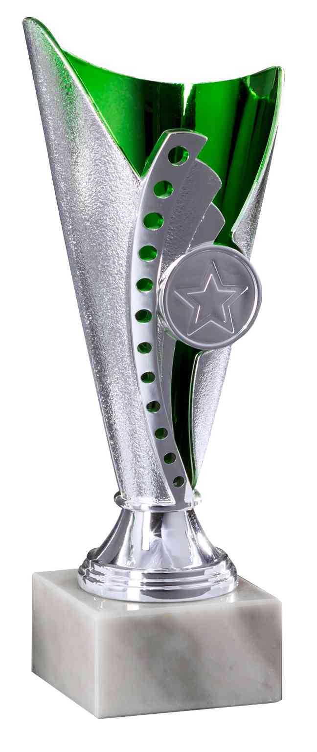 Ein moderner Pokal Bad Salzuflen, 3er Pokalserie 170 mm – 210 mm, PK754590-3-E25, mit exklusivem grün-silbernem Design und einem Sternemblem auf einem quadratischen Sockel.