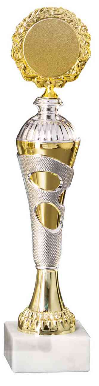 Goldene Pokale Herzogenrath 6- er Pokalserie 255 mm - 334 mm PK754690-6-E50 mit kunstvollen Details und exklusivem Design auf weißem Grund.