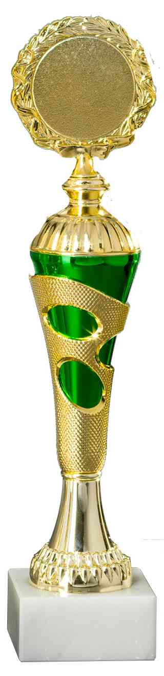 Gold- und grüner Pokal Böblingen, 3er Pokalserie 255 mm – 290 mm, PK754700-3-E50, mit komplizierten Designs und einer leeren Goldplakette oben, die als einprägsame Auszeichnung dient.
