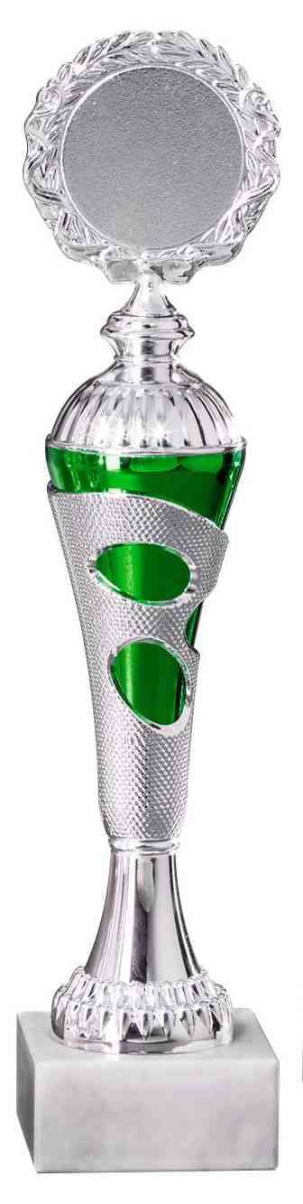 Elegante POMEKI-Glastrophäe mit aufwendigem Design und grünen Akzenten auf einem Marmorsockel, perfekt als Auszeichnung.