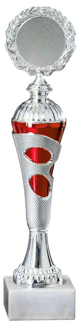 Eine ortante Auszeichnung mit einem silbernen und roten Design und einem kreisförmigen Emblem an der Spitze von POMEKI Pokale Gronau 5-er Pokalserie 255 mm - 308 mm PK754730-5-E50.
