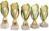 Thumbnail for Fünf ähnliche goldene Pokale Langenfeld 5-er Pokalserie 195 mm - 241 mm PK754790-5-E50 mit grünen Akzenten auf Marmorsockeln, in einer Reihe angeordnet.