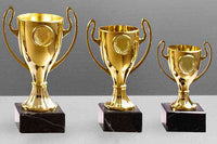 Thumbnail for Drei Pokale Bocholt 3-er Pokalserie 130 mm -180 mm PK756090-3-E25 in unterschiedlichen Größen auf grauem Untergrund, jeweils mit zwei Henkeln und Marmorsockel, im exklusiven Design.