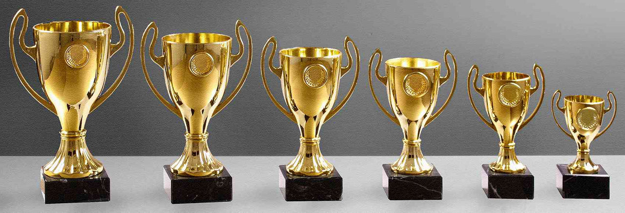 Eine Sammlung der goldenen POMEKI Pokale Brandenburg 6-er Pokalserie in verschiedenen Größen, absteigend sortiert.