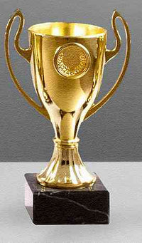 Thumbnail for Ein goldener Pokal Aschaffenburg 5-er Pokalserie 130 mm – 217 mm PK756090-5-E25 mit zwei Griffen, montiert auf einem schwarzen Sockel, abgebildet vor einem grauen Hintergrund.