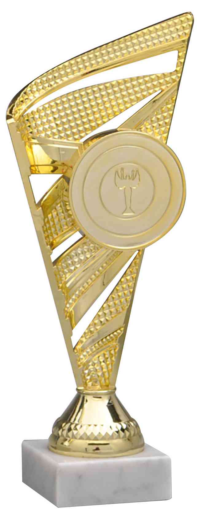 Eine goldene Auszeichnung aus der Pokale Oberursel 3-er Pokalserie 218 mm - 240 mm PK758880-3-E50 mit einem weißen Marmorsockel von POMEKI.