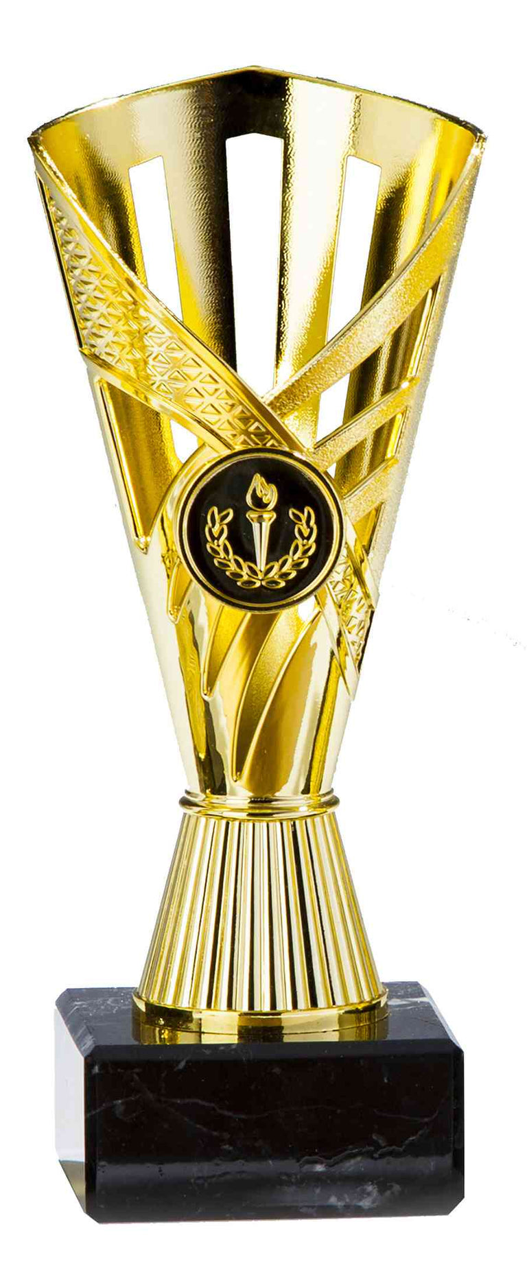 Goldener Pokal auf einem schwarzen Sockel. Pokale Dormagen 3-er Pokalserie 160 mm – 190 mm von POMEKI.