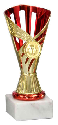 Thumbnail for Gold- und roter Pokal Plauen 3-er Pokalserie 167 mm – 198 mm PK759660-3-E25 mit einem exklusiven Flügeldesign auf weißem Untergrund und einem Emblem in der Mitte.