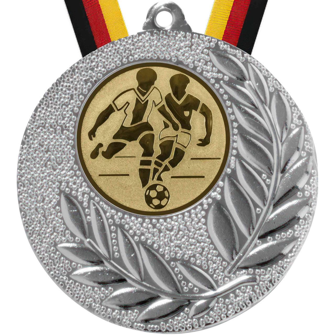 Silber- und Goldmedaillen Berlin 50 mm PK79184g-E25 – Exklusive Ehrung für jeden Anlass 🥇 mit Blattdetails und einem Band, das zwei Spieler und einen Ball darstellt.