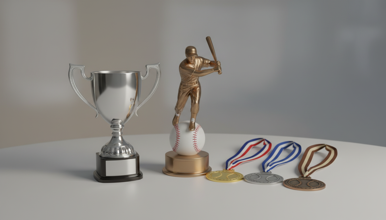 Baseballpokal, Trophäe und Medaillen für Baseball und Cricket auf neutralem Hintergrund