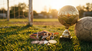Goldener Fußballpokal und Medaillen mit Bändern neben einem Fußball auf dem Rasen – KI-generiertes Symbolbild