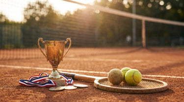 Pokal und Medaillen auf einem Tennisplatz neben Schläger und Bällen – KI-generiertes Symbolbild
