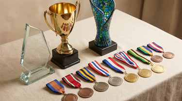 Verschiedene Pokale, ein Glas-Award und Medaillen zum Vergleich auf einer hellen Fläche