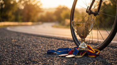 Goldener Pokal und Medaillen neben einem Rennrad-Laufrad auf Asphalt