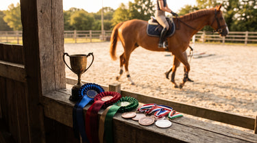 Pokal, Schleifen und Medaillen auf einer Ablage bei einem Reitturnier – KI-generiertes Symbolbild
