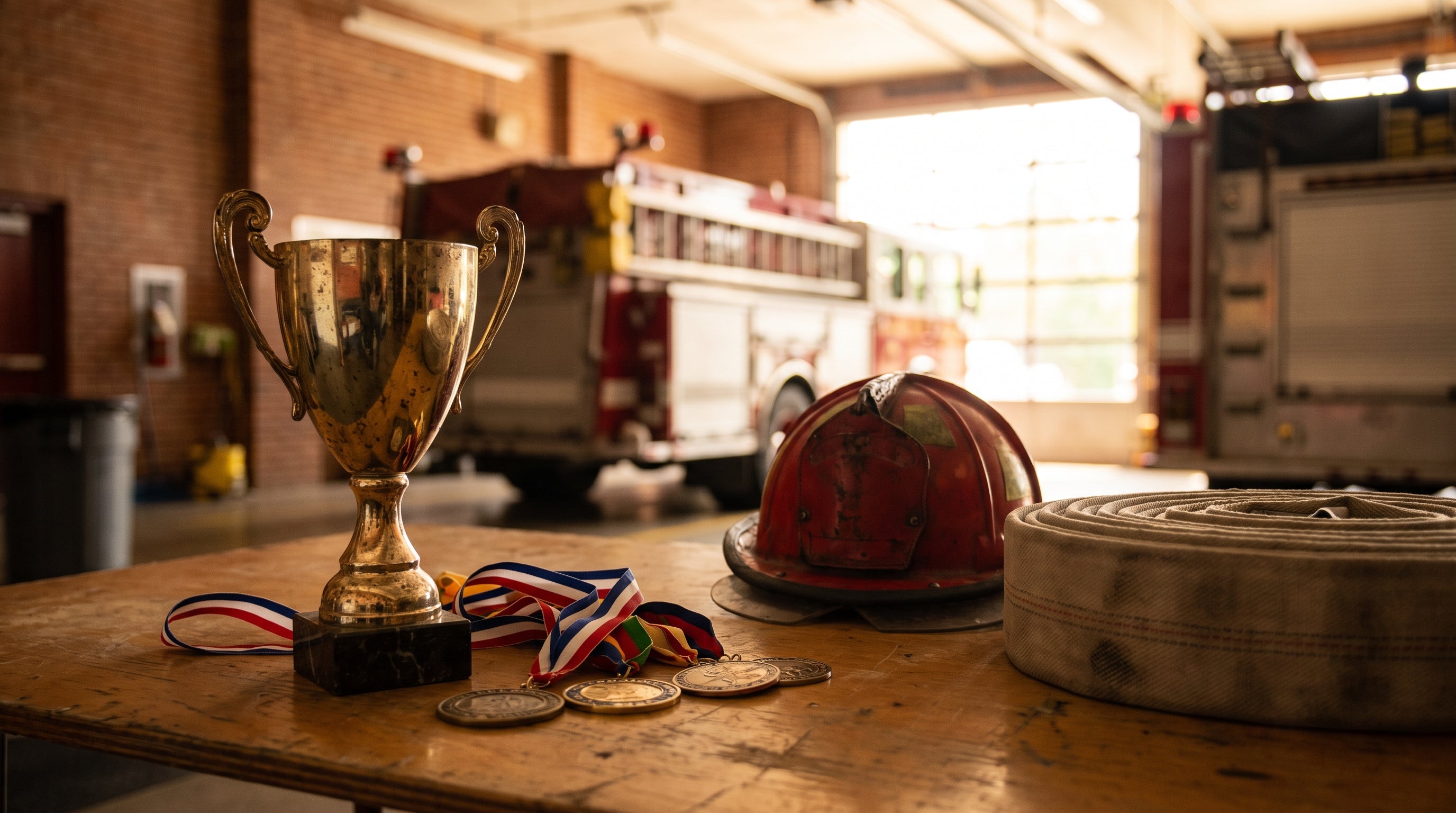 Goldener Teampokal und Medaillen neben einem Feuerwehrhelm und Schlauch