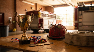 Goldener Teampokal und Medaillen neben einem Feuerwehrhelm und Schlauch