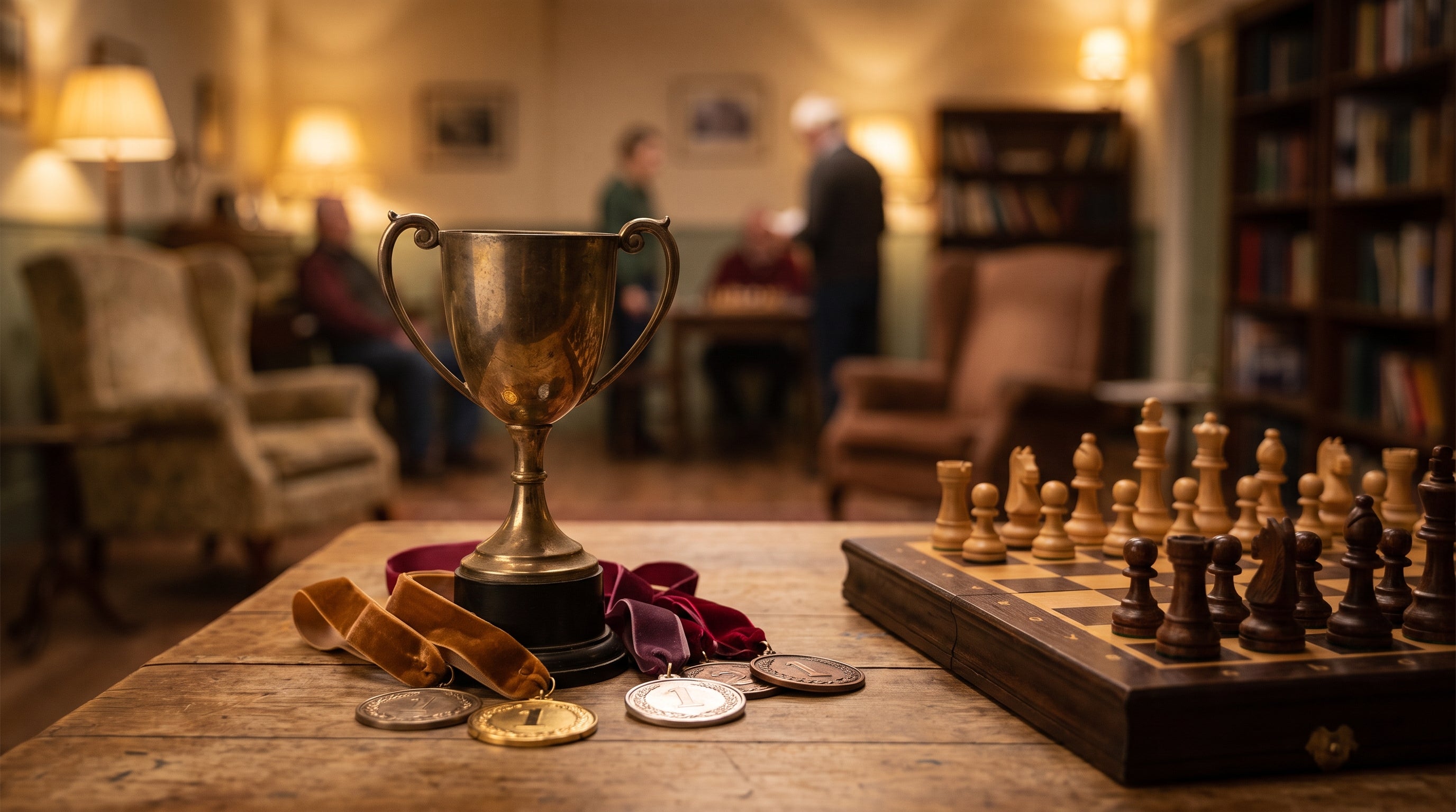 Eleganter Pokal und Medaillen neben einem Schachbrett mit Figuren