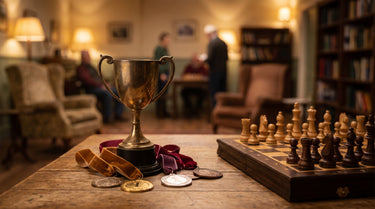 Eleganter Pokal und Medaillen neben einem Schachbrett mit Figuren