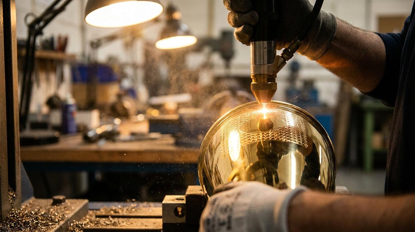 Pokal wird per Lasergravur mit individuellem Text personalisiert