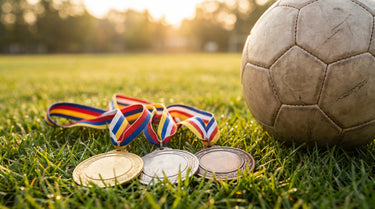 Gold-, Silber- und Bronzemedaille mit Bändern auf Fußballrasen neben einem Fußball – KI-generiertes Symbolbild