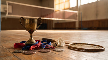 Pokal und Medaillen auf einem Badmintonfeld neben Federball und Schläger