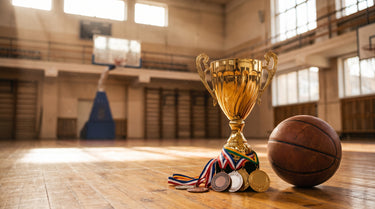 Pokal und Medaillen auf einem Basketballfeld neben einem Basketball