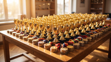 Viele gleiche goldene Pokale in Reihen mit Medaillenstapeln als Sammelbestellung – KI-generiertes Symbolbild