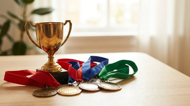 Goldener Pokal und Medaillen mit Bändern übersichtlich auf heller Fläche angeordnet – KI-generiertes Symbolbild