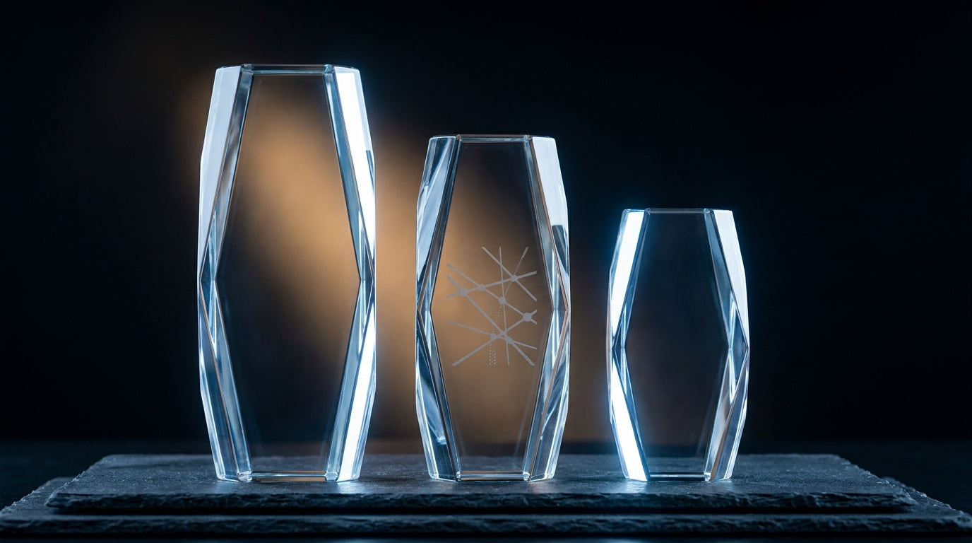 Drei Glaspokale aus Kristallglas in unterschiedlichen Höhen auf einer dunklen Schieferplatte, mit hellen Lichtkanten und mattierter Lasergravur – KI-generiertes Symbolbild