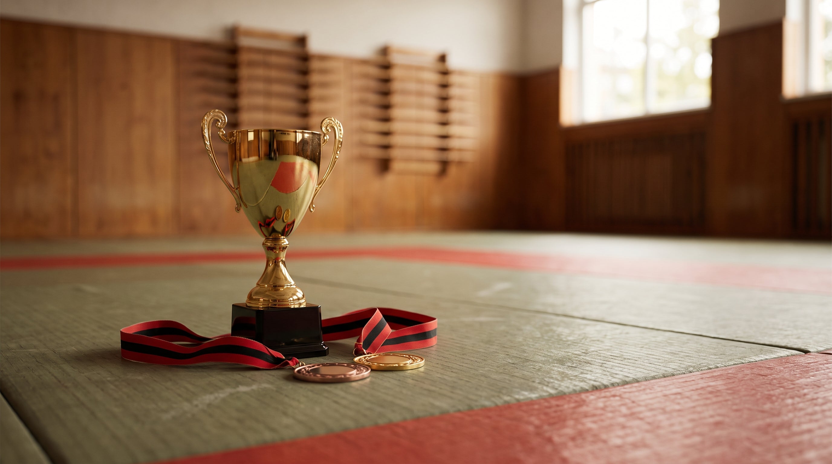 Goldener Pokal und zwei Medaillen mit rot-schwarzen Bändern auf dem Tatami-Boden eines Dojos, im Hintergrund eine unscharfe Holzwand – KI-generiertes Symbolbild