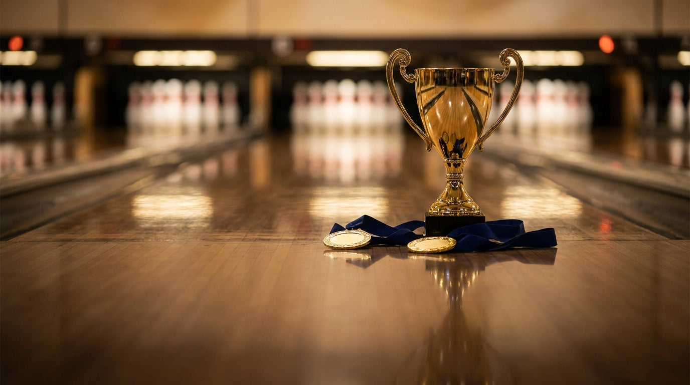 Goldener Pokal und zwei Medaillen mit blauen Bändern auf einer glänzenden Bowlingbahn, im unscharfen Hintergrund die aufgestellten Kegel – KI-generiertes Symbolbild