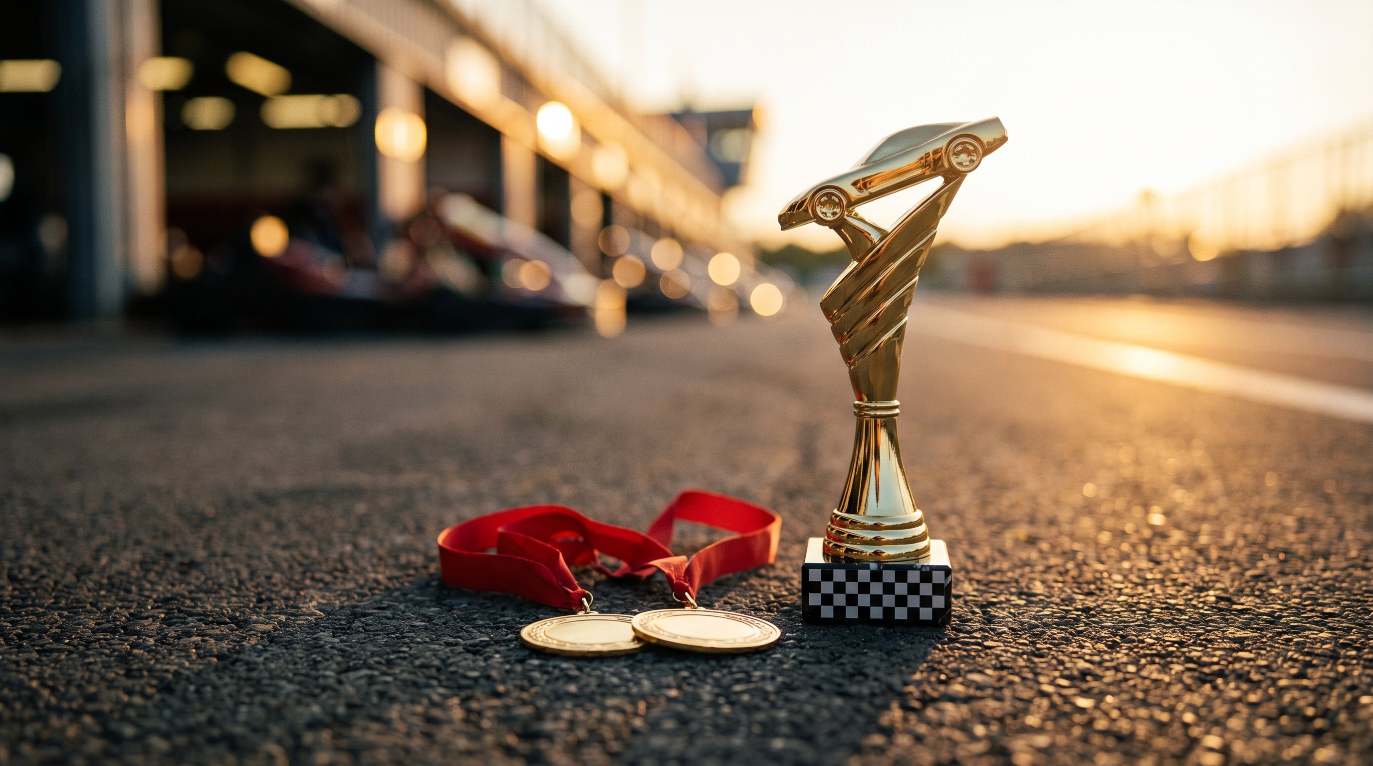 Goldener Motorsport-Pokal mit Rennwagen-Figur und Schachbrett-Sockel sowie zwei Medaillen mit roten Bändern auf dem Asphalt einer Kartbahn-Boxengasse – KI-generiertes Symbolbild