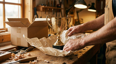 Hände verpacken einen frisch gravierten goldenen Pokal für den Versand – KI-generiertes Symbolbild