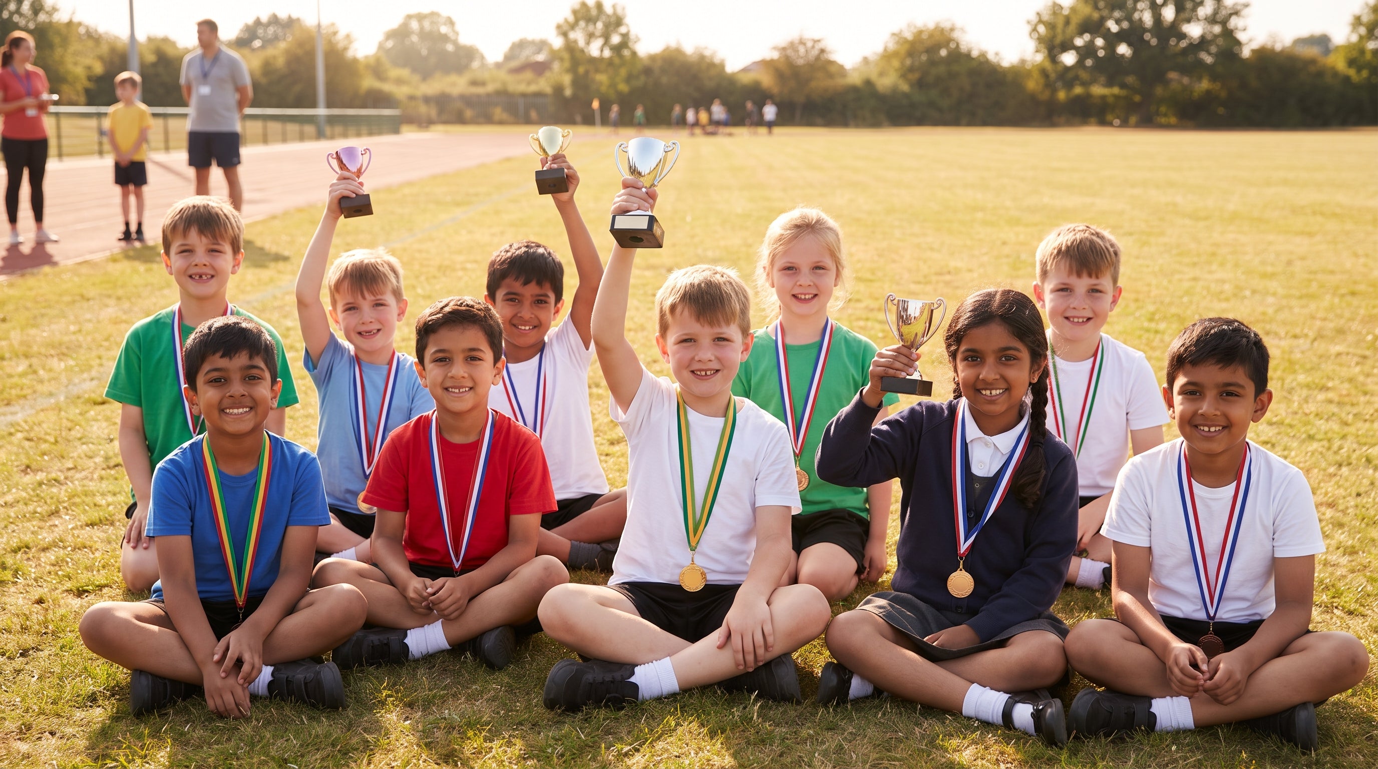 Fröhliche Schulkinder mit Medaillen und kleinen Pokalen bei einem Schulsportfest