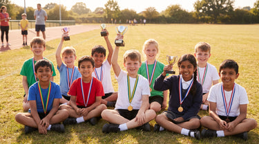 Fröhliche Schulkinder mit Medaillen und kleinen Pokalen bei einem Schulsportfest – KI-generiertes Symbolbild