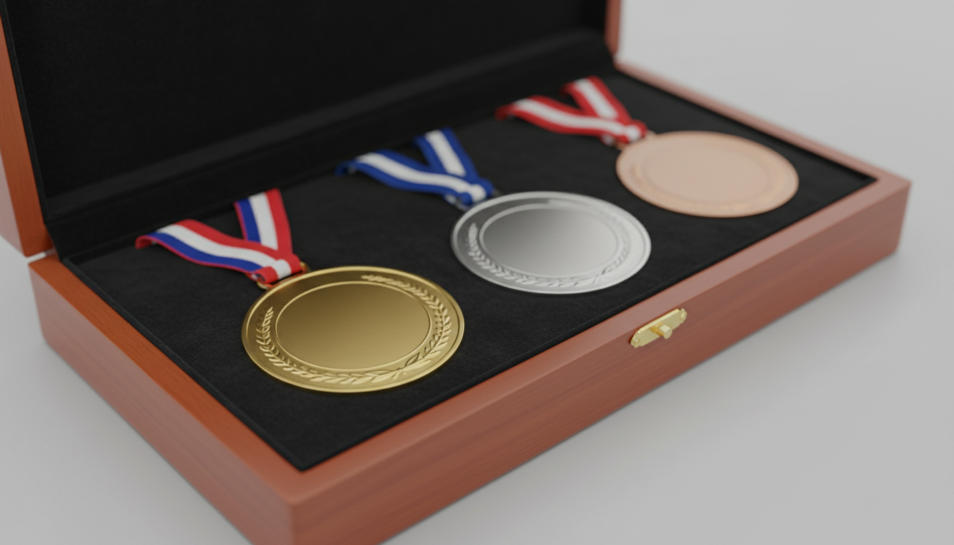 Gold-, Silber- und Bronzemedaillen im Etui für Siegerehrungen in Köln