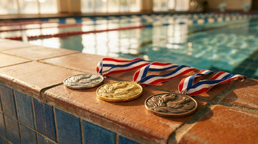 Medaillen mit Bändern am gefliesten Rand eines Schwimmbeckens