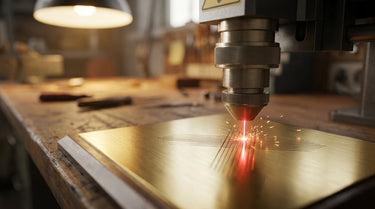 Lasergravur-Kopf graviert feine Linien in eine goldene Metallplatte – KI-generiertes Symbolbild