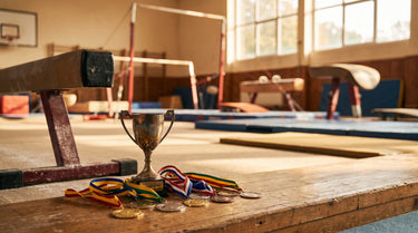 Pokal und Medaillen auf dem Hallenboden neben einem Schwebebalken