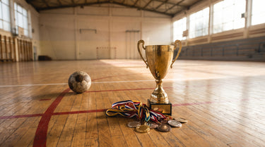 Pokal und Medaillen mit Bändern auf einem Handballfeld neben einem Handball