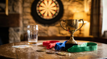 Kleiner Pokal und Medaillen auf einem Tisch vor einer Dartscheibe – KI-generiertes Symbolbild