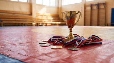 Goldener Pokal und Medaillen auf einer roten Ringermatte