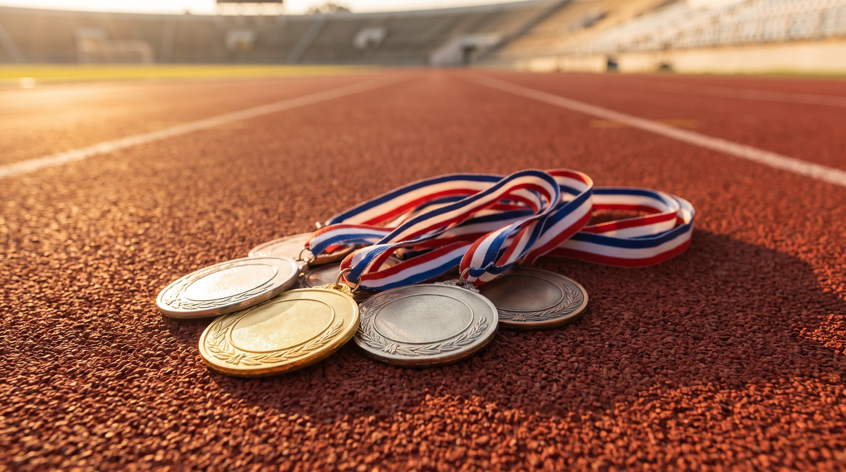 Gold-, Silber- und Bronzemedaillen mit Bändern auf der roten Laufbahn eines Stadions