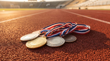 Gold-, Silber- und Bronzemedaillen mit Bändern auf der roten Laufbahn eines Stadions